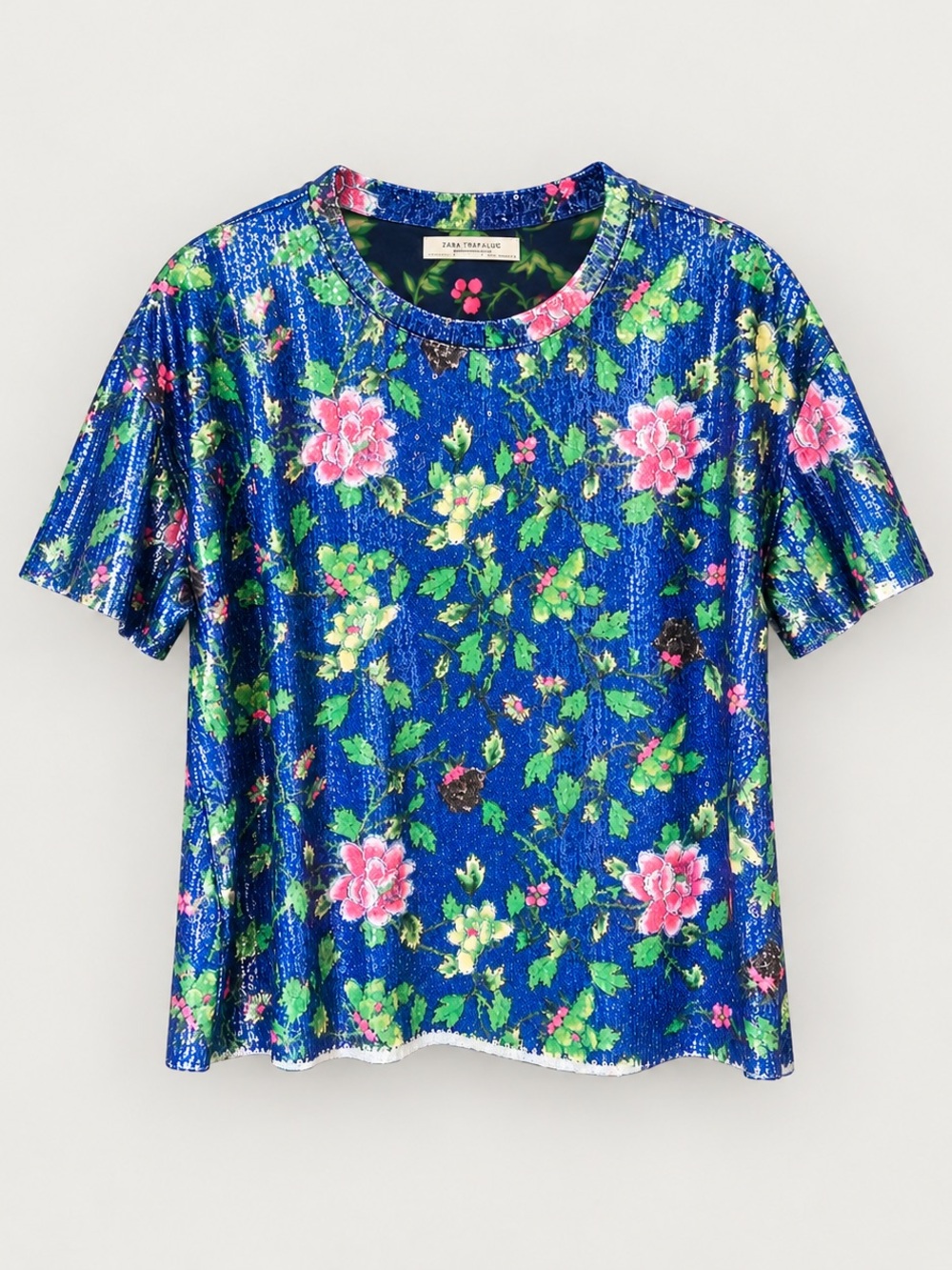 Zara Royal Blue Floral Sequin Short Sleeve Top
